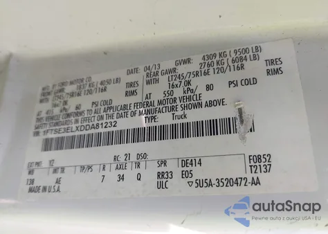 2013 Ford E-350 Super Duty Commercial из США, поврежденный, VIN 1FTSE3ELXDDA81232